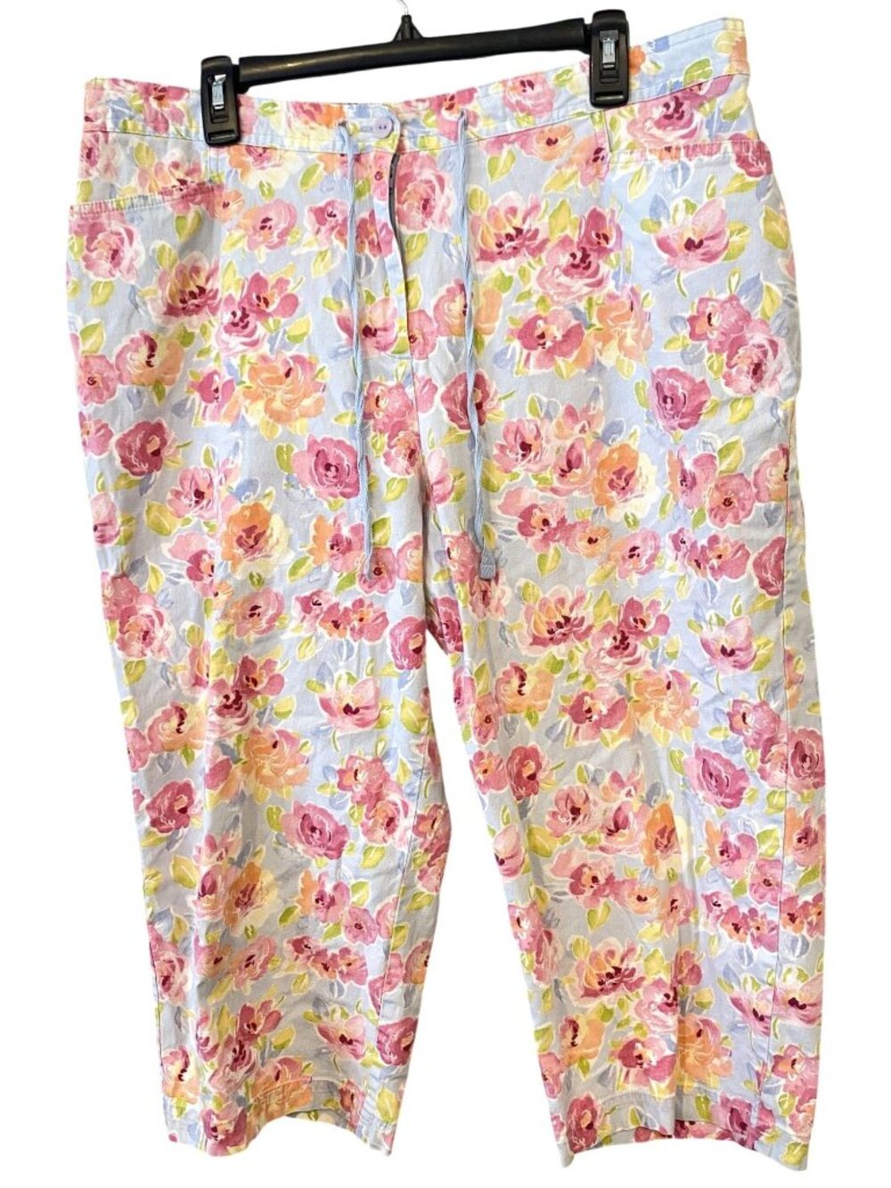 Sag Harbor Sport Womens 20W Blue Floral Capri Pants Drawstring Cottagecore